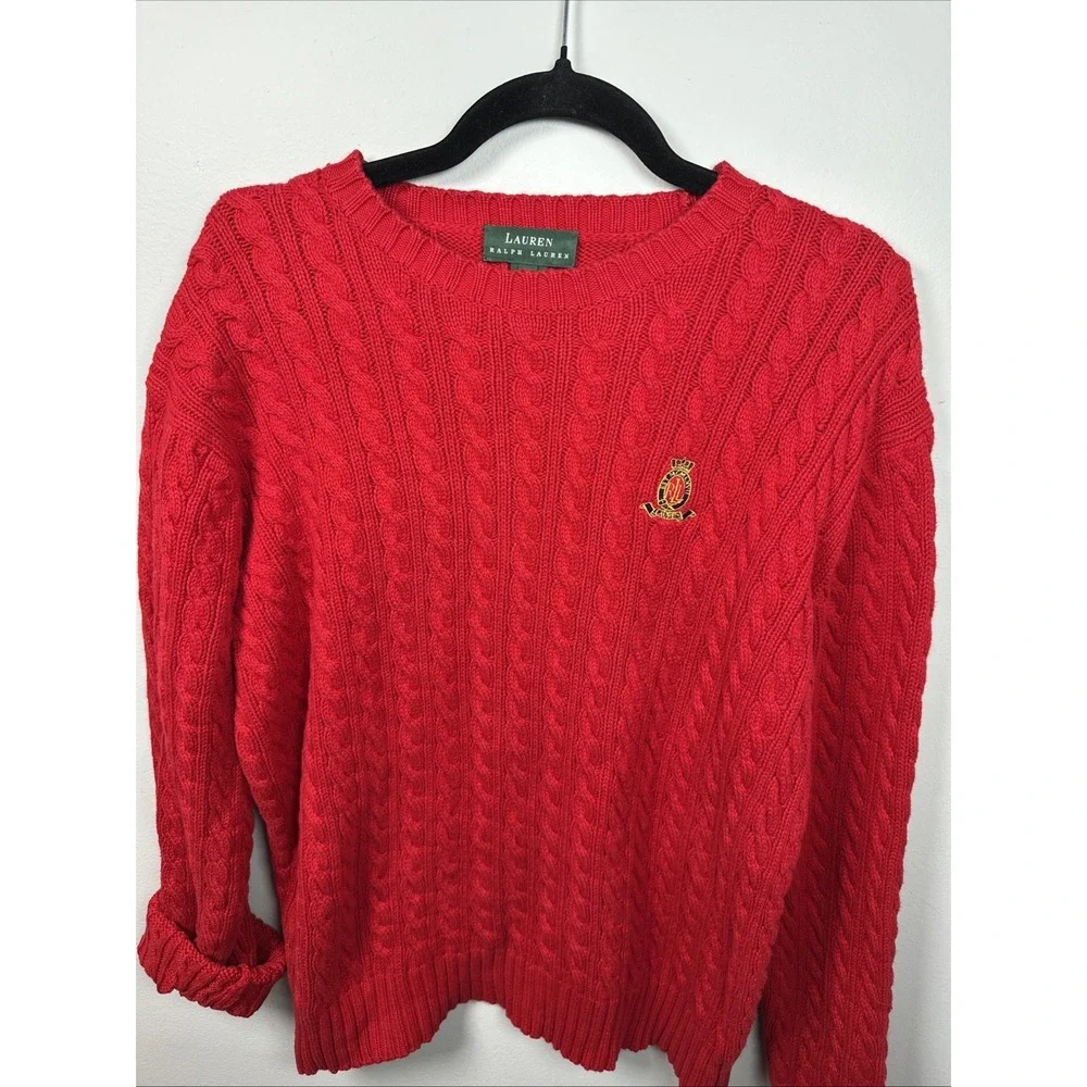 Lauren Ralph Lauren Large Womens Sweater Red Cotton Long Sleeve Chunky Academia